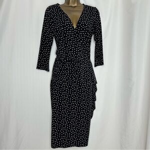 Leota faux wrap dress black and lavender polka dots size medium